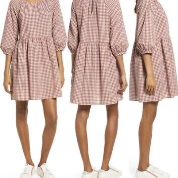 Casual Rust/Gray Crew Neck Raglan Sleeve Gingham Seersucker Sundress - Picture 4 of 10